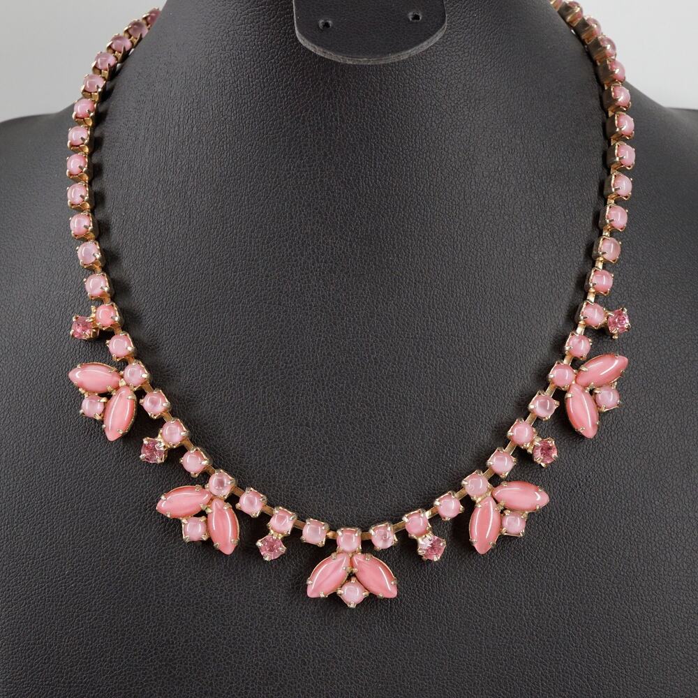 Vintage Joseph Warner Pink Moonglow Rhinestone Choker Necklace Floral Gold Tone